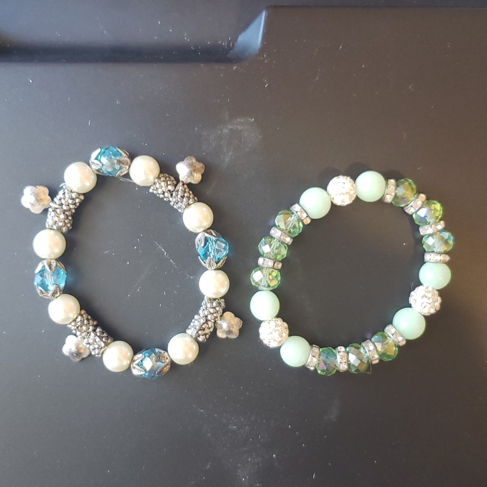 Matching green and blue beaded bracelets